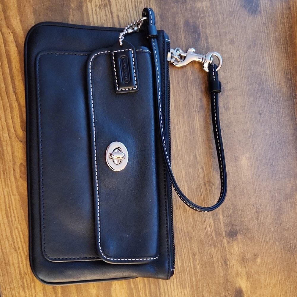 Coach Black Wristlet with White Stitching